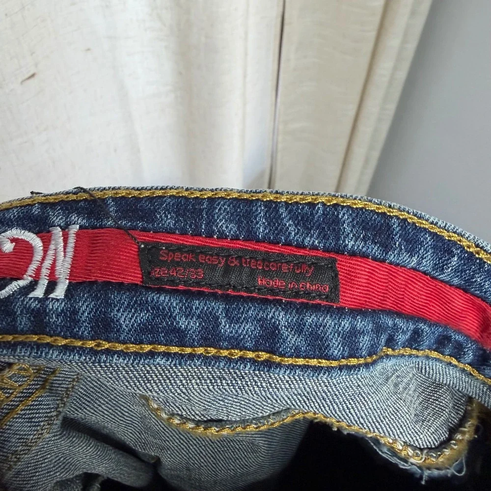 Smugglers Moon Distressed Ripped Paint Splatter Blue Jeans Button Fly Mens 42x33